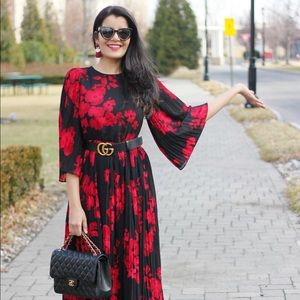 NEW - H&M Black and Red Midi Floral Chiffon Dress